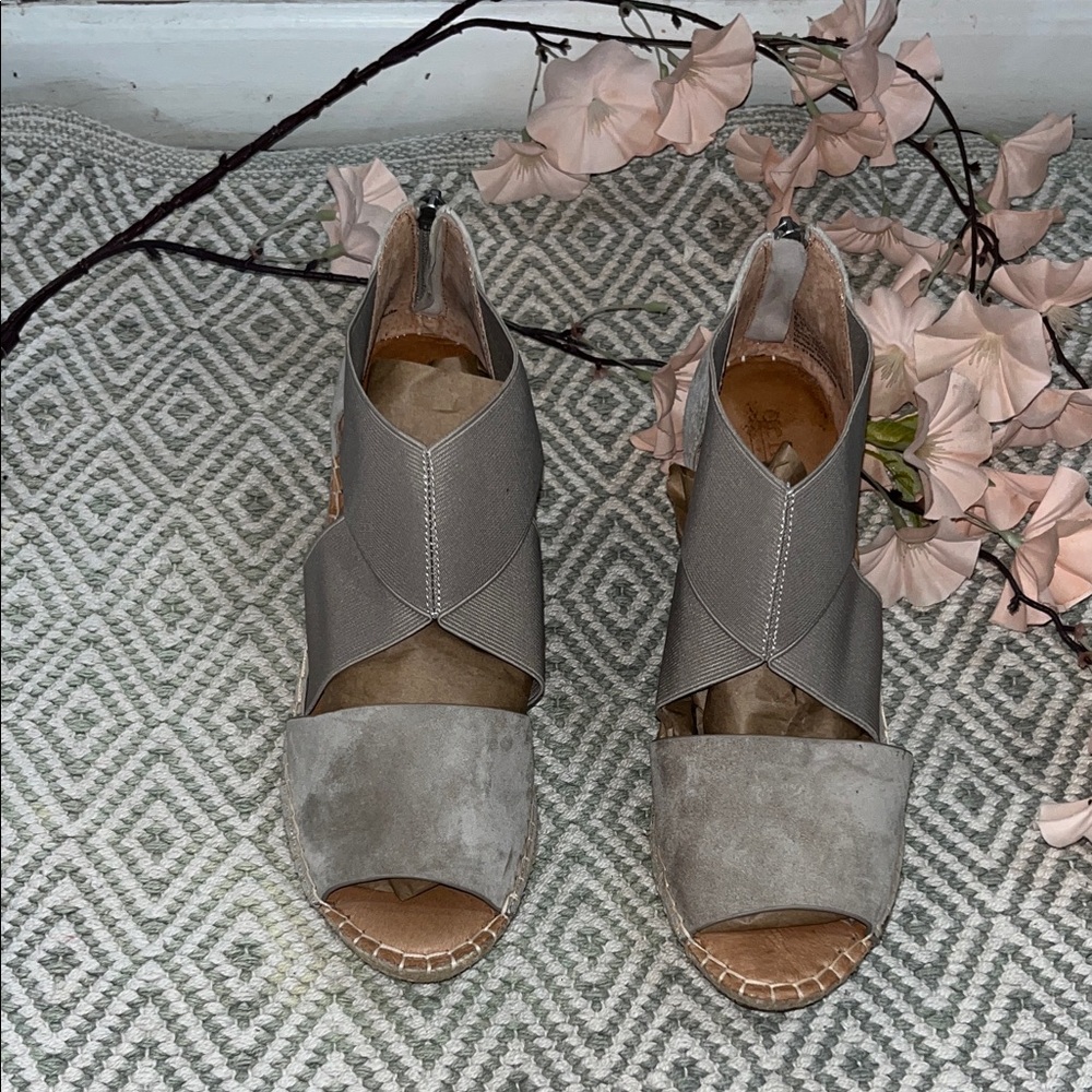 gentle souls Gray Suede & Elastic Crossover Wedge Sandals
